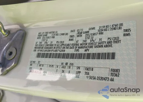 2015 Ford Escape Se из США, поврежденный, VIN 1FMCU0G91FUB71259